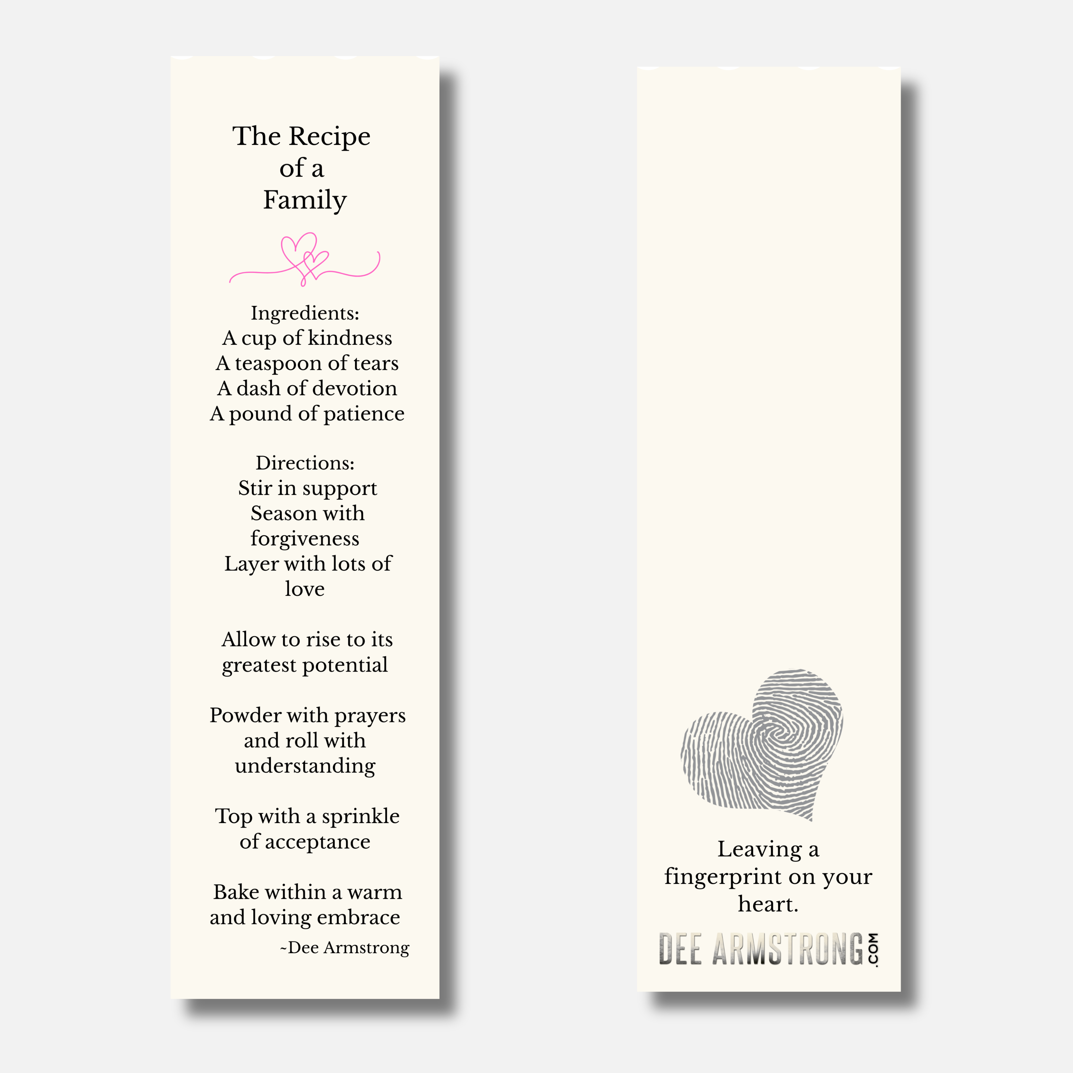 A two sided bookmark with the Recipe of a Family poem and a fingerprint design on a cream background