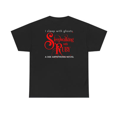 Black t-shirt with red and white text 'Sleepwalking with Ruby' on a white background