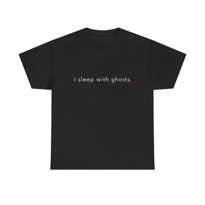 Black t-shirt with 'I sleep with ghosts' text on a white background