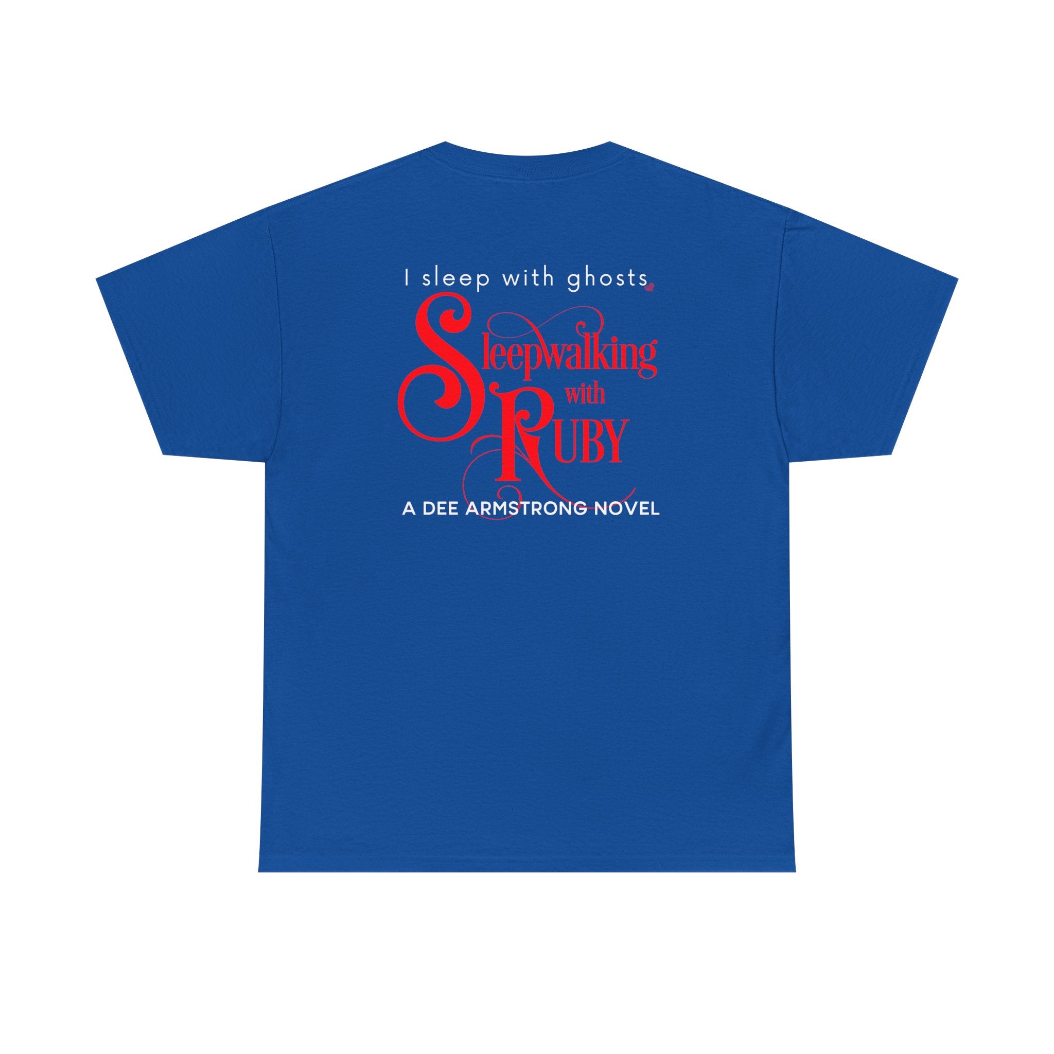 Blue t-shirt with red and white text on the back on a white background