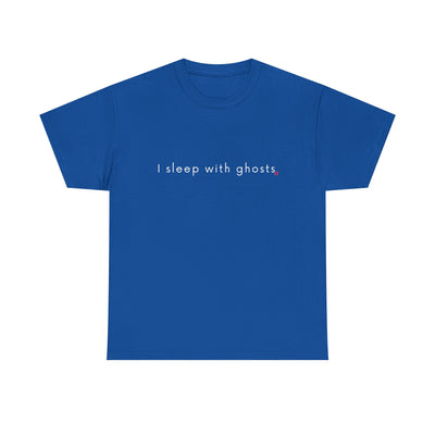Blue t-shirt with 'I sleep with ghosts' text on a white background