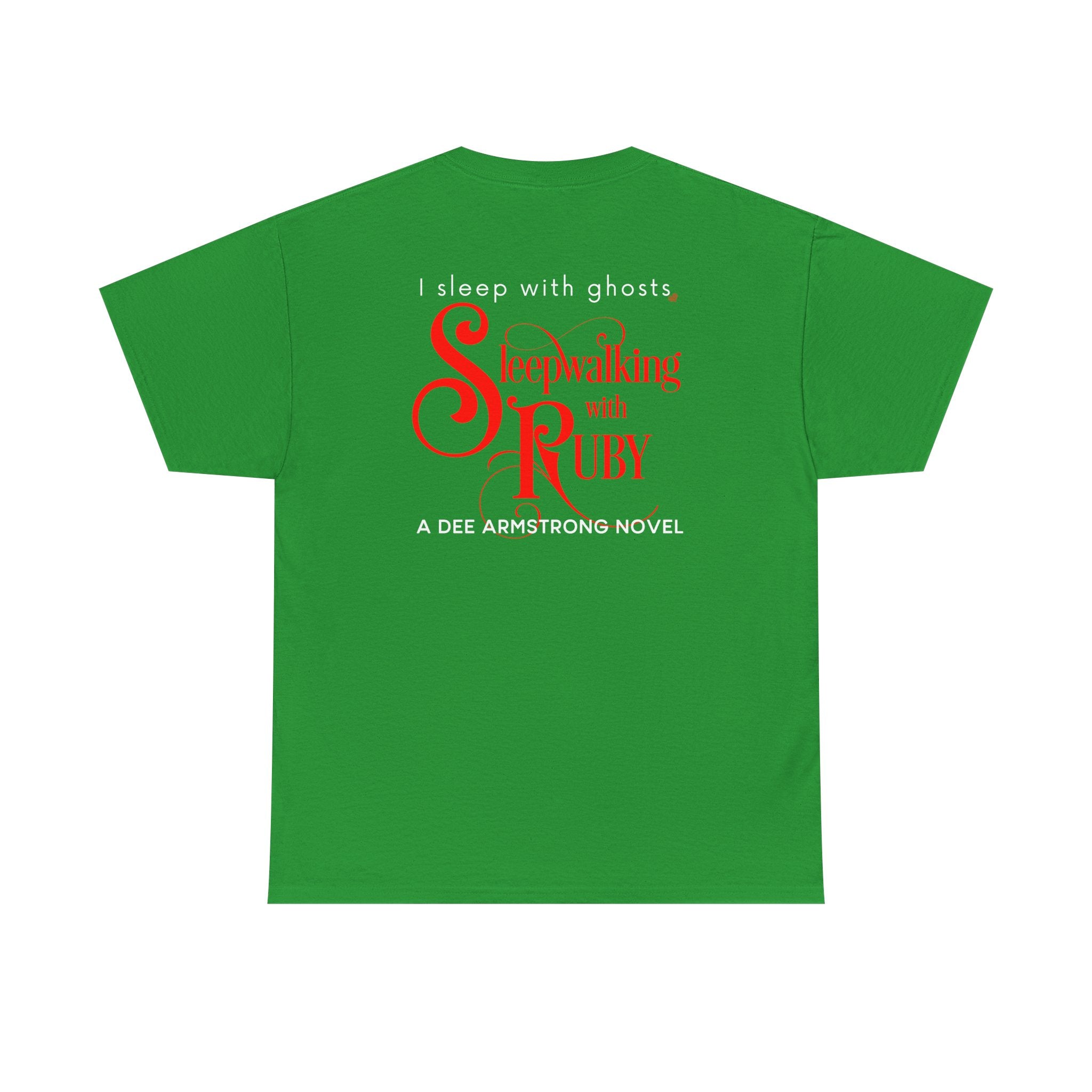 Green t-shirt with red and white text on a white background