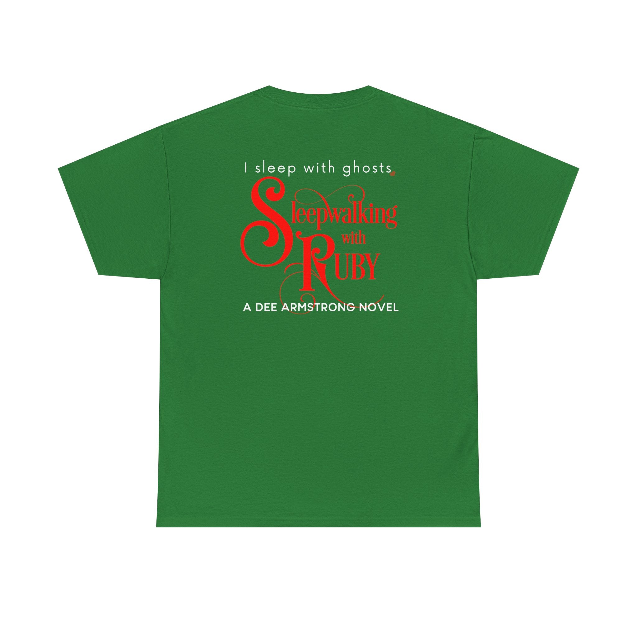 Green t-shirt with red and white text on the back on a white background