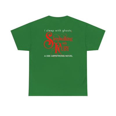 Green t-shirt with red and white text on the back on a white background