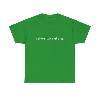Green t-shirt with 'I sleep with ghosts' text on a white background