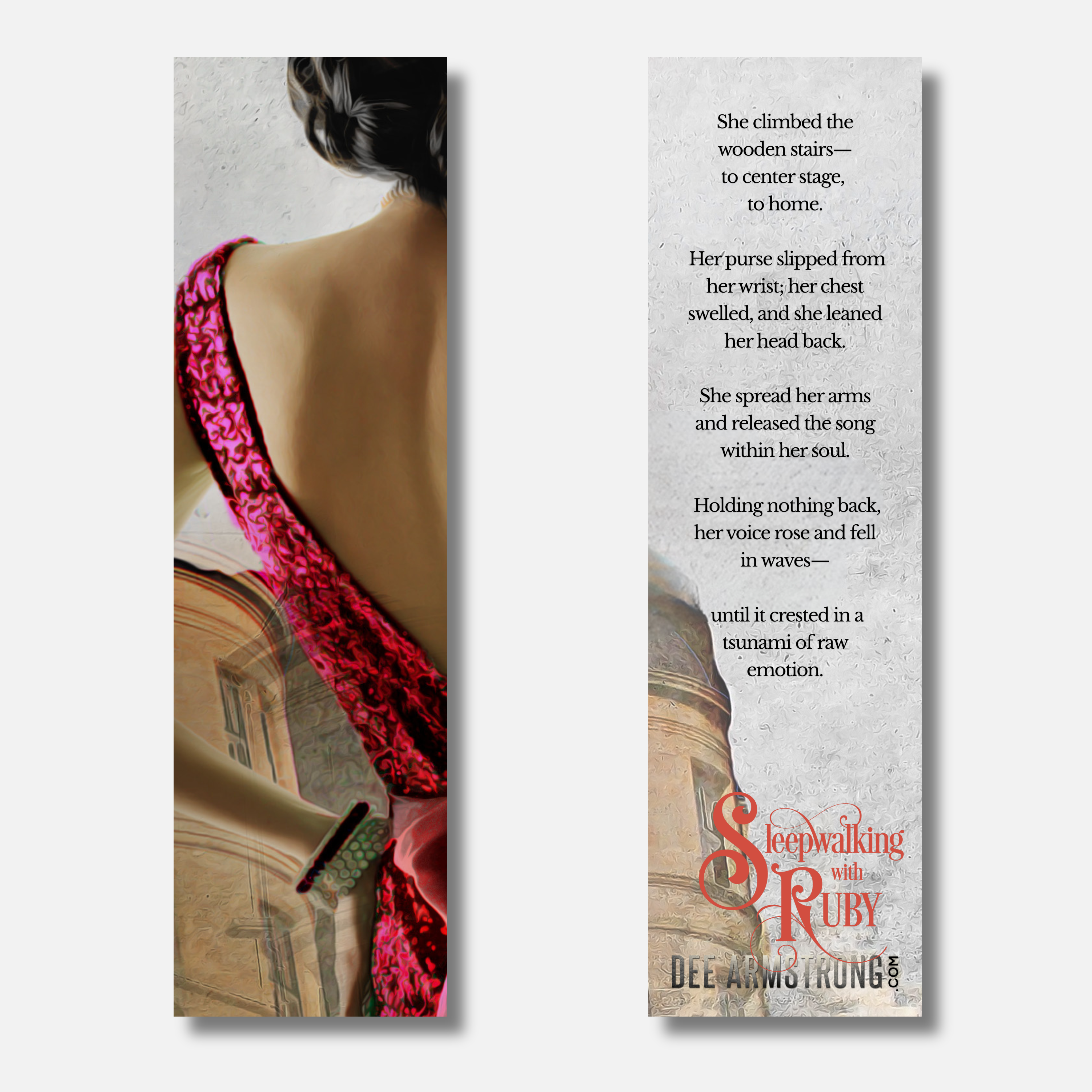 A character bookmark  with a woman's back and a quote from 'Sleepwalking with Ruby' by Dee Armstrong. 