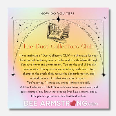 Promotional graphic for The Dust Collectors Club with text and a stylized book illustration on a gradient background.