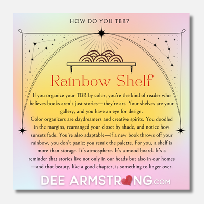 Text about organizing books by color with a rainbow shelf design on a gradient background.