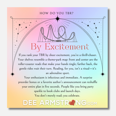 Text on a colorful background about bookshelf reading habits by Dee Armstrong