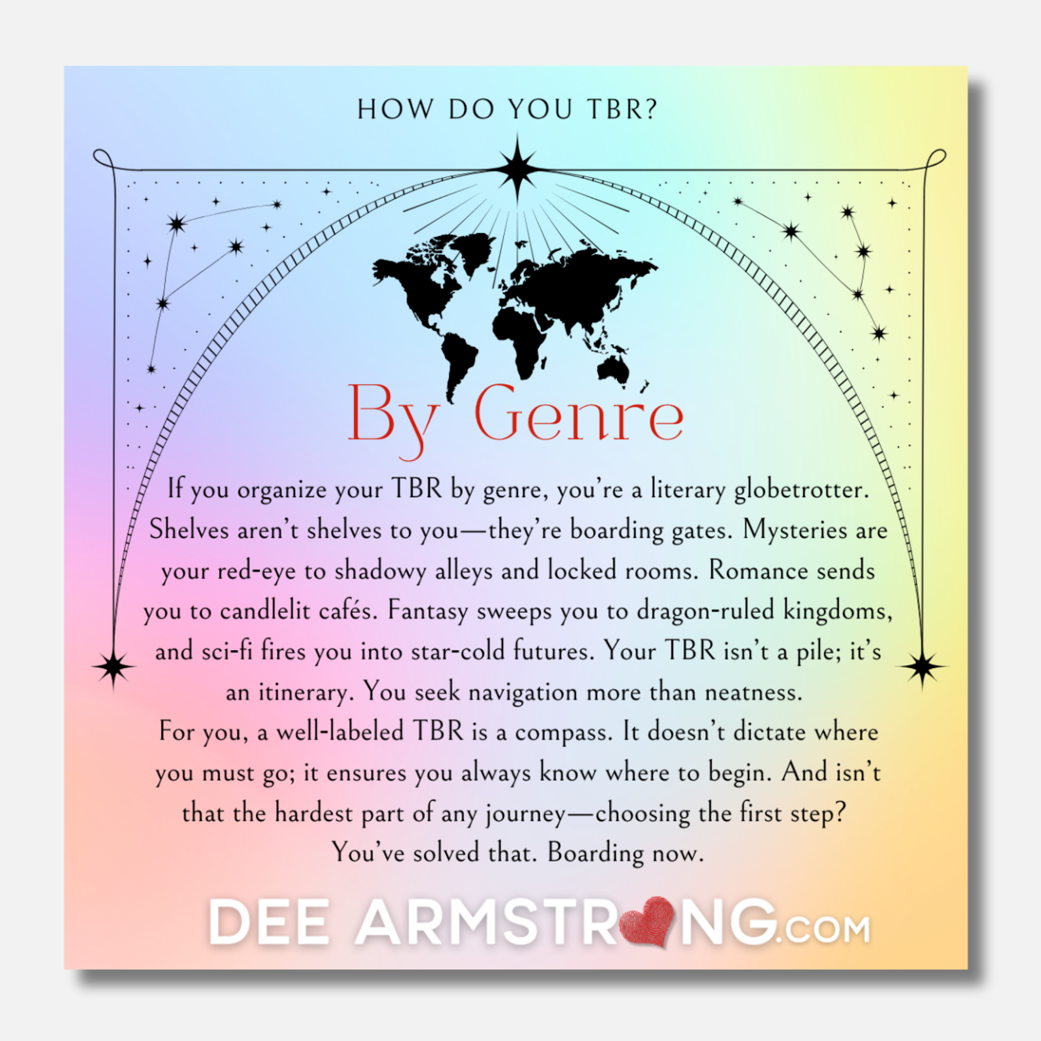 Text poster with world map and colorful gradient background, featuring a quote by Dee Armstrong.