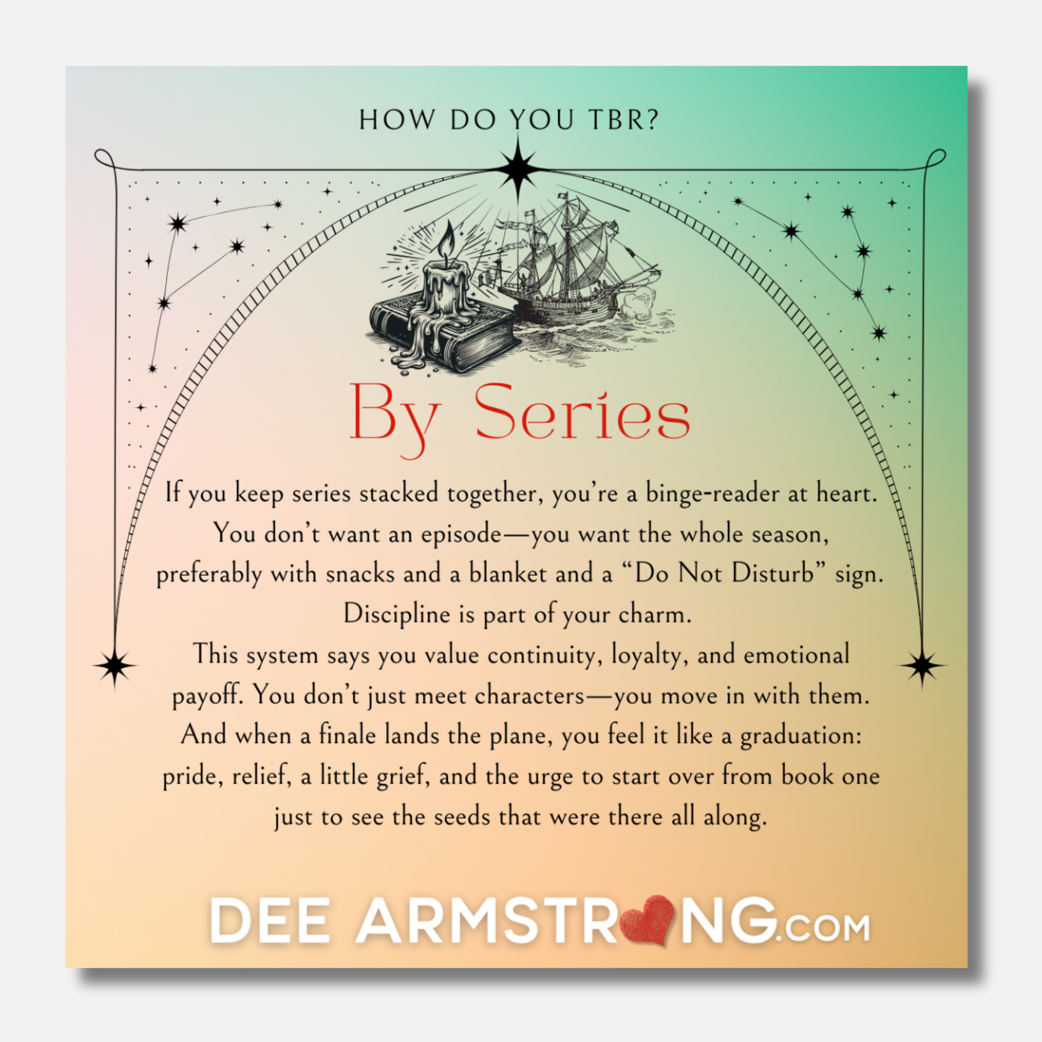 Text and illustration about book series reading habits on a gradient background