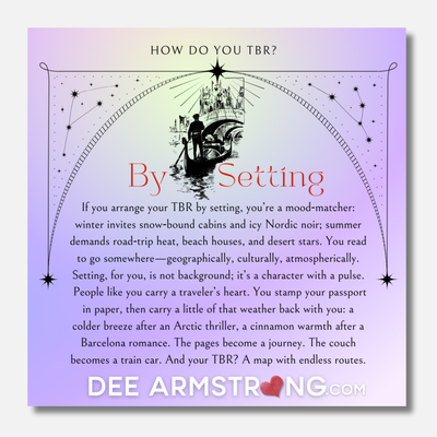 Text on a purple background with a gondola illustration, discussing book reading preferences by setting.