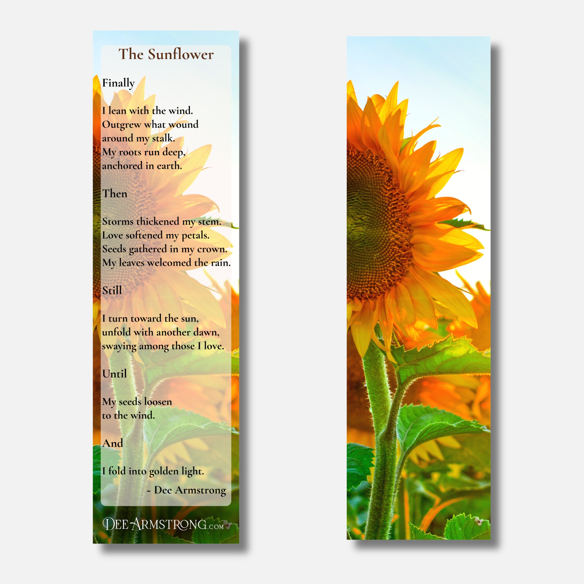 A two-sided sunflower book bookmark set featuring a poem by Dee Armstrong on one side and a large sunflower photo on the other, shown against a plain white background.