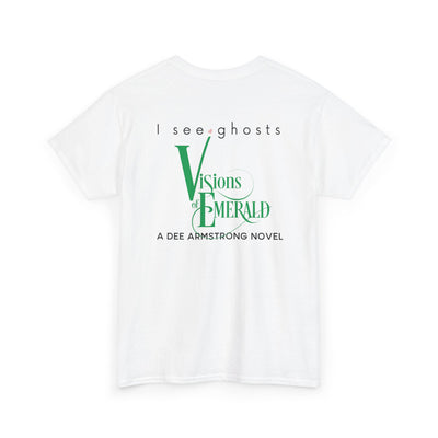 White t-shirt with 'I see ghosts' and 'Visions of Emerald' text on a white background
