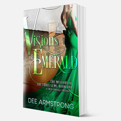 Book titled 'Visions of Emerald' by Dee Armstrong with a green and brown cover.
