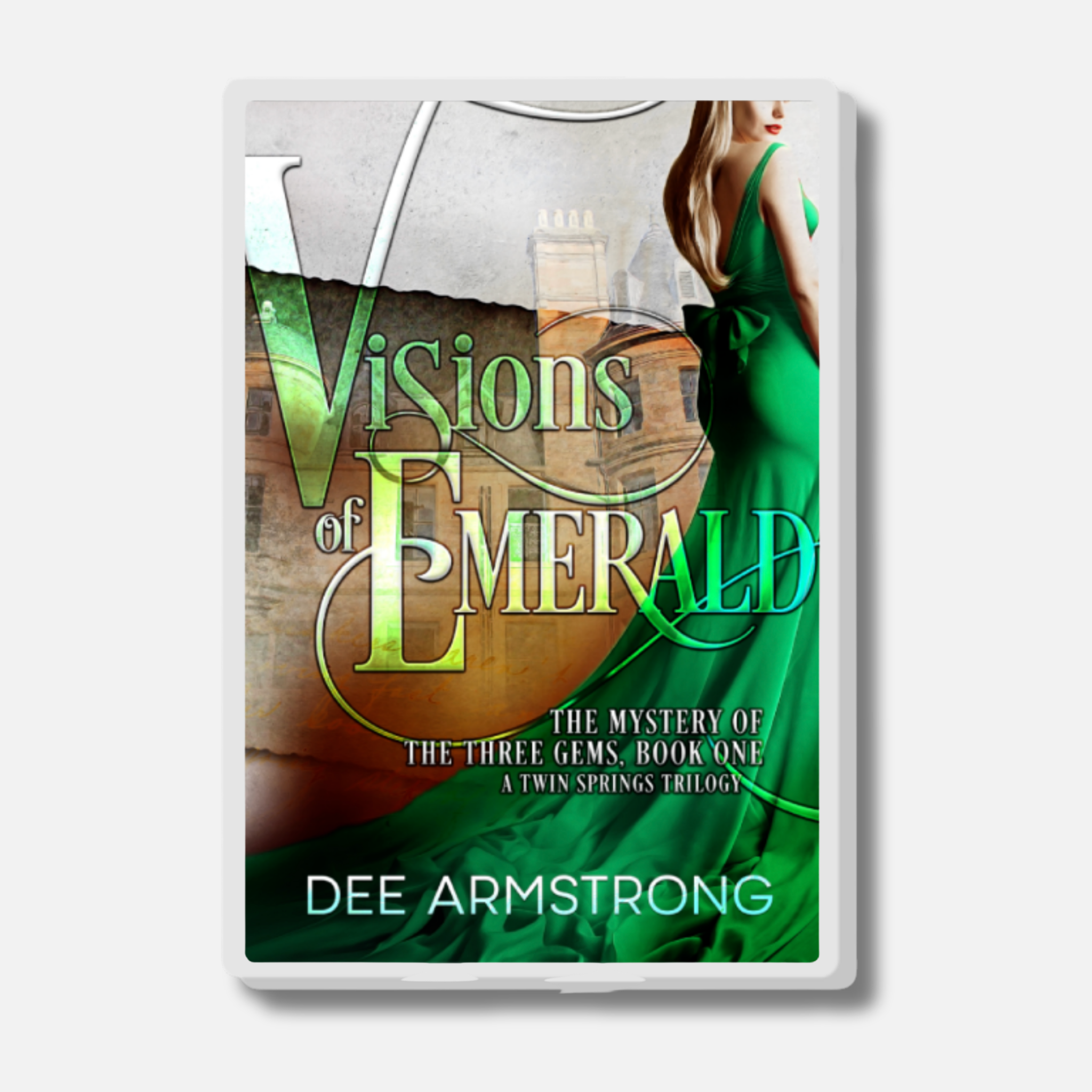 Acrylic pin book cover of 'Visions of Emerald' by Dee Armstrong on a white background
